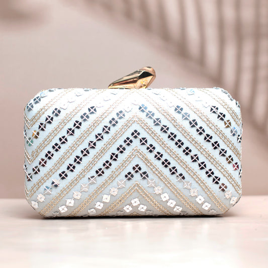 Silver Sequins White Embroidery Clutch
