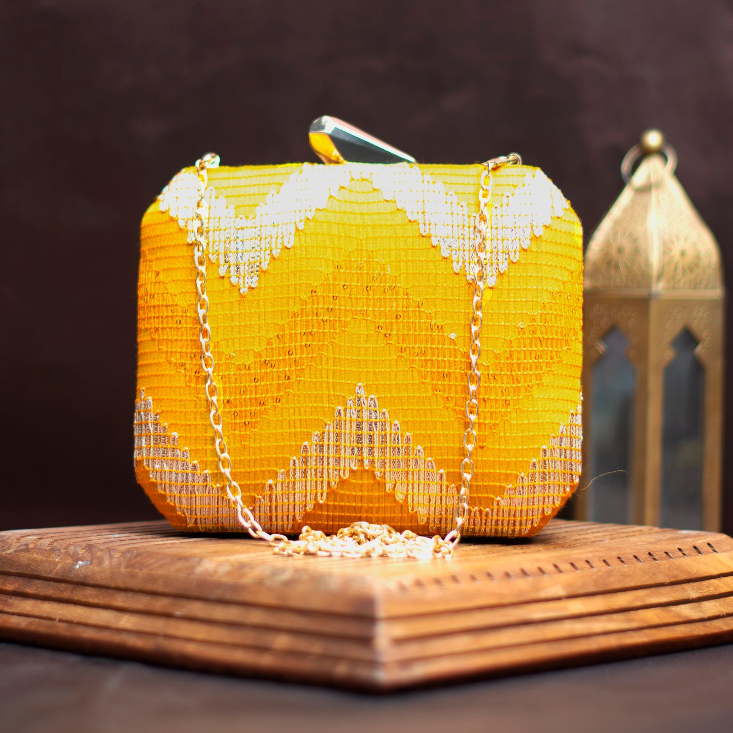 Yellow Zigzag Embroidery Fabric Clutch