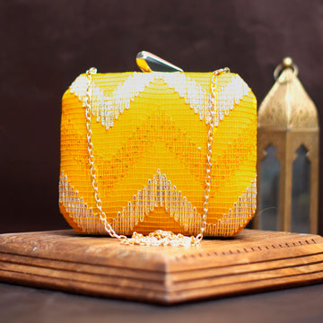 Yellow Zigzag Embroidery Fabric Clutch