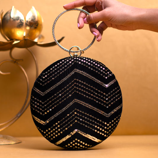 Black And Silver Sequins Embroidery Round Clutch
