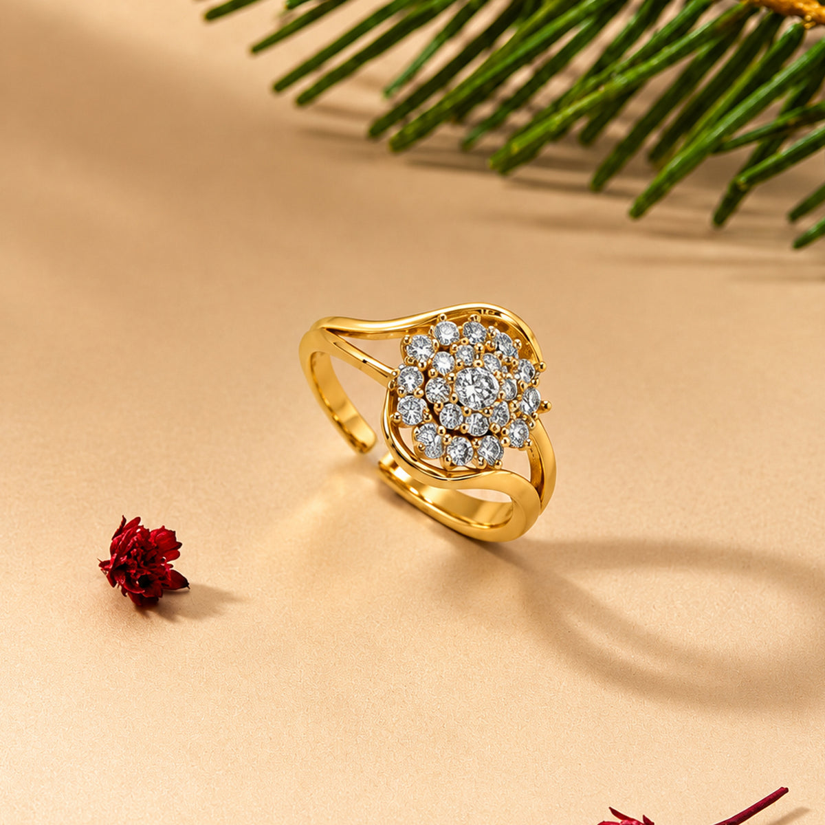 Artklim Elegant Floral Cluster Crystal Gold-Tone Anti-Tarnish Ring