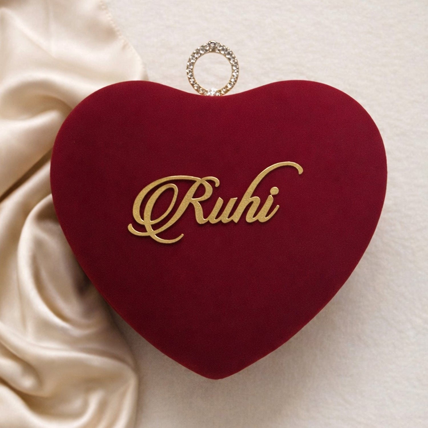 Artklim Maroon Heart-Shaped Velvet Name Customized Clutch