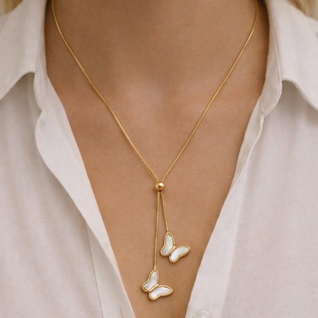 Artklim Gold-Plated Elegant Butterfly Duo Lariat Anti-Tarnish Pendant Necklace