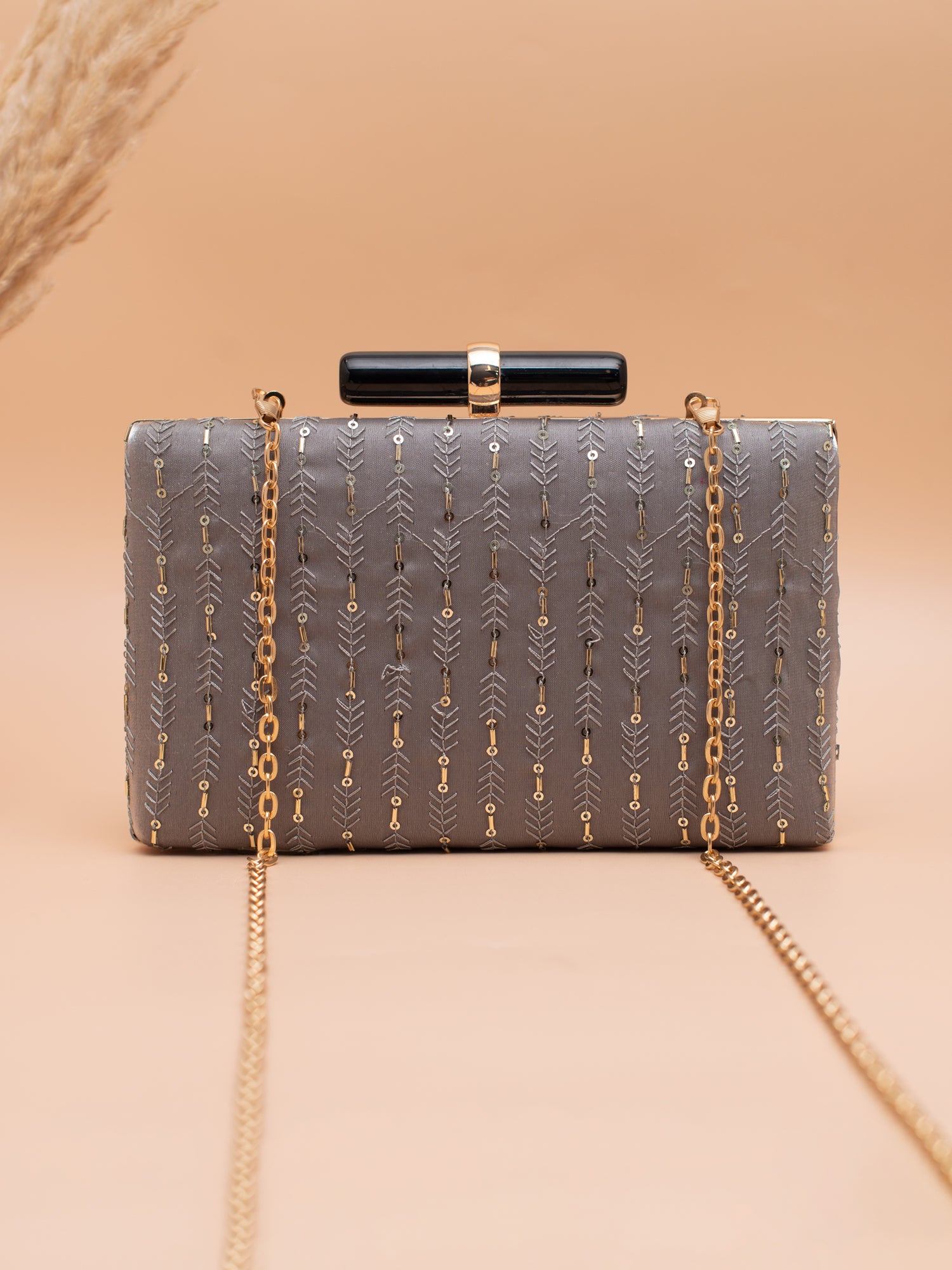 Artklim Elegant Grey Embroidered Clutch with Golden Sling
