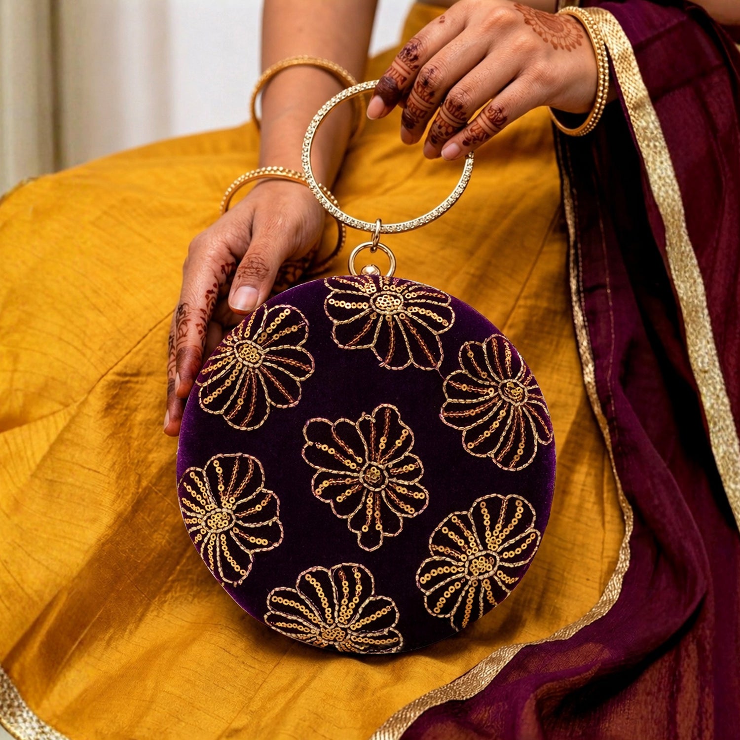 Artklim Regal Plum Velvet Floral Embroidery Clutch