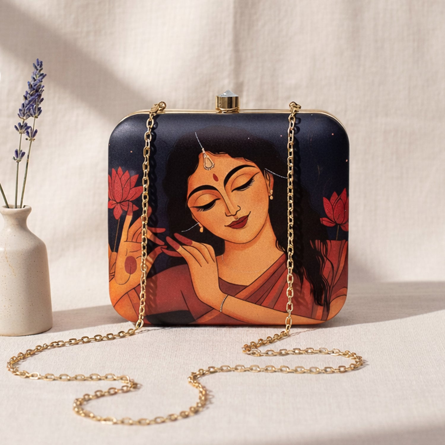 Artklim Black Based Dancing Lady Portrait Printed Clutch