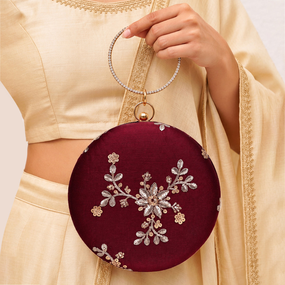 Artklim Elegant Maroon Floral Embroidered Round Clutch Bag with Golden Crystal Ring Handle