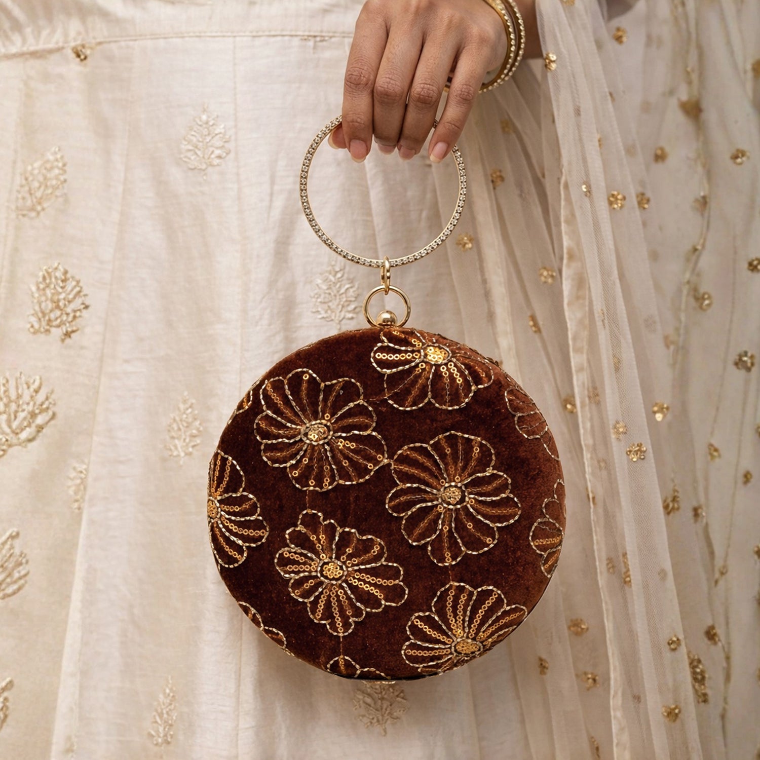 Artklim Vintage Mocha Velvet Floral Embroidery Clutch