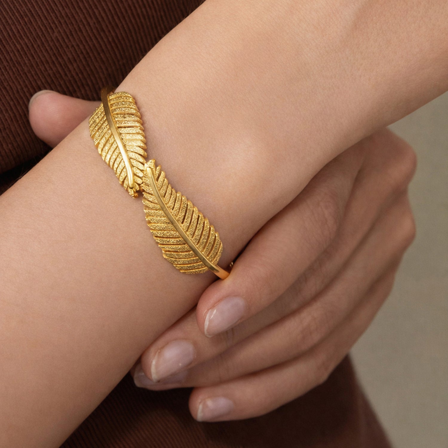 Artklim Gold Plated Feather Open Cuff Anti-Tarnish Bangle Bracelet