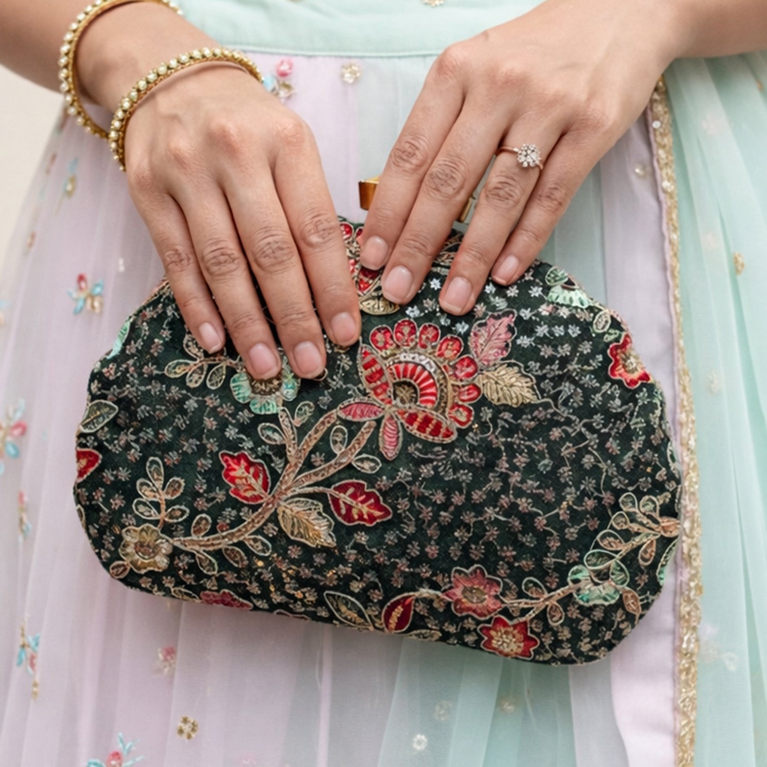 Artklim Olive Green Base Floral Threadwork Embroidery Clutch