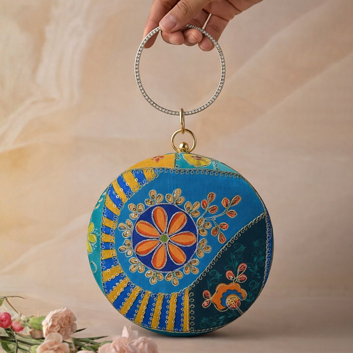 Artklim Turquoise Blue Round Embroidered Clutch