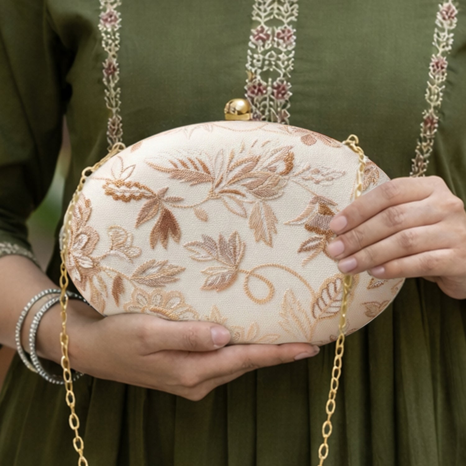 Artklim White Based Silver Brocade Fabric Oval Clutch