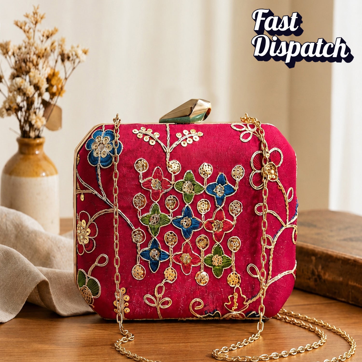 Artklim Red Floral Embroidery Clutch