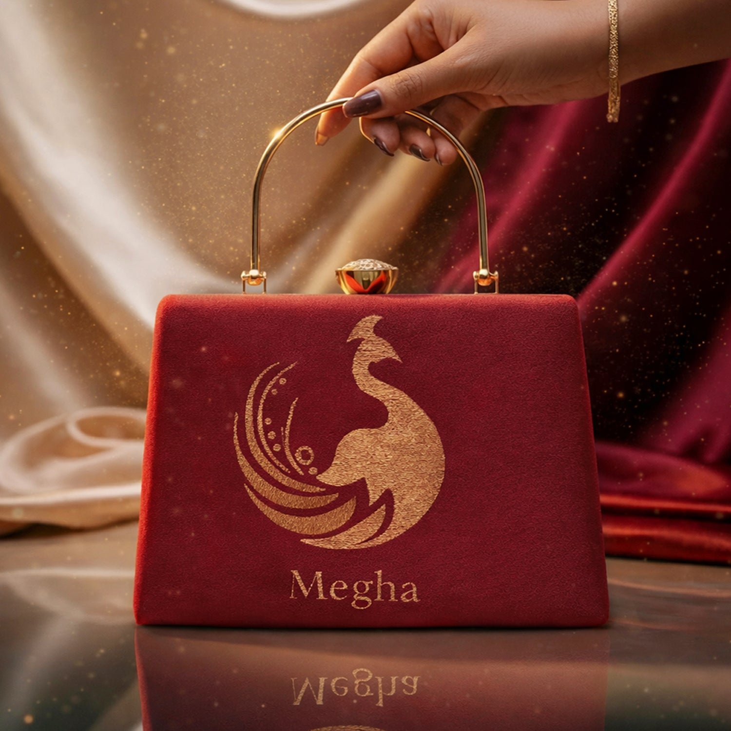 Artklim Crimson Peacock Embroidery Name Customized Clutch