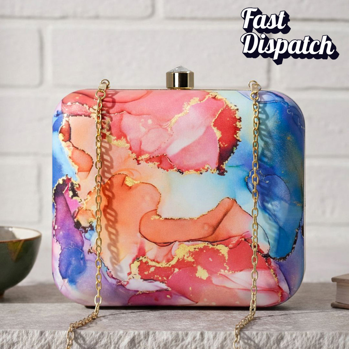 Artklim Abstract Marble Printed Designer Chain Clutch