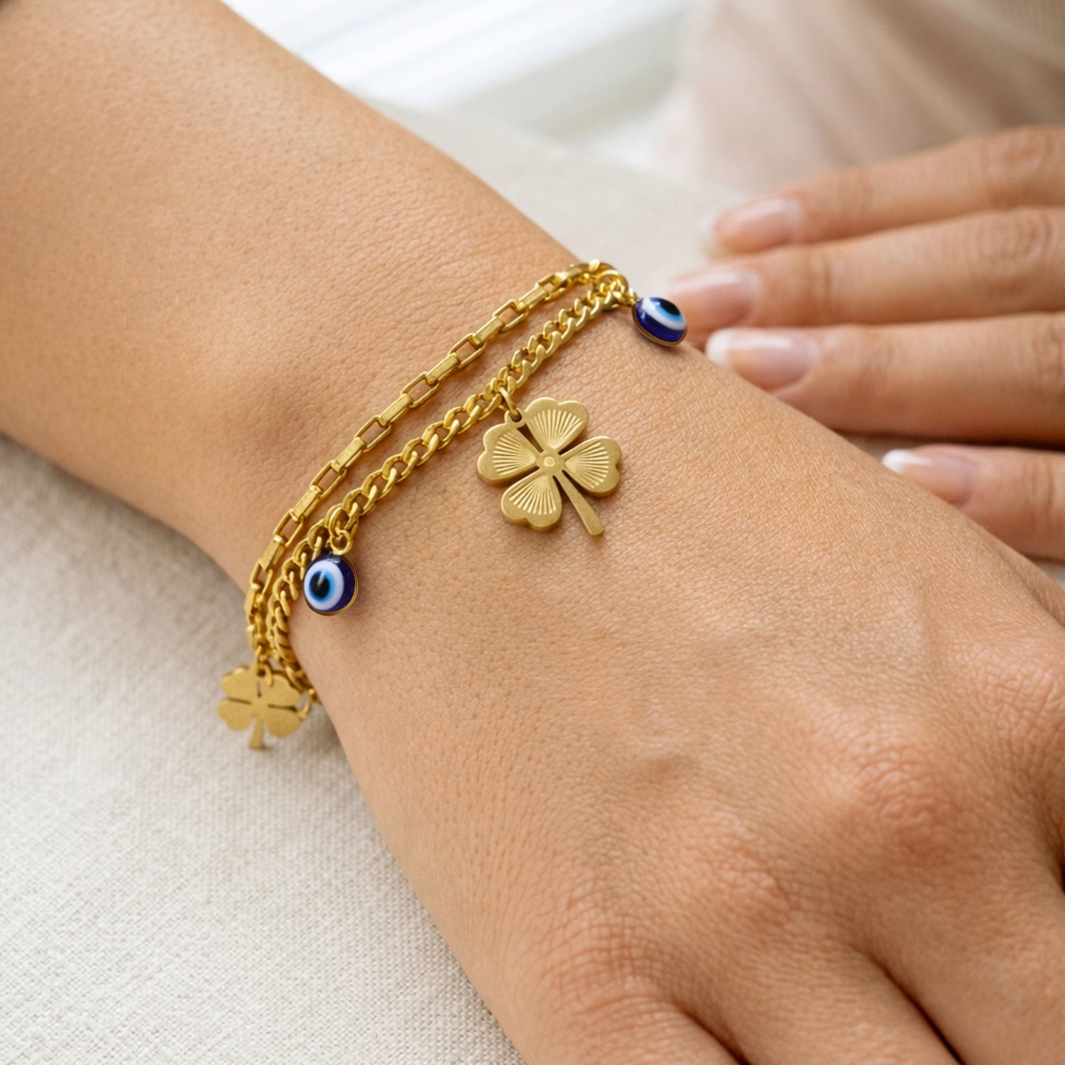 Artklim Lucky Clover Evil Eye Gold Bracelet Anti-tarnish