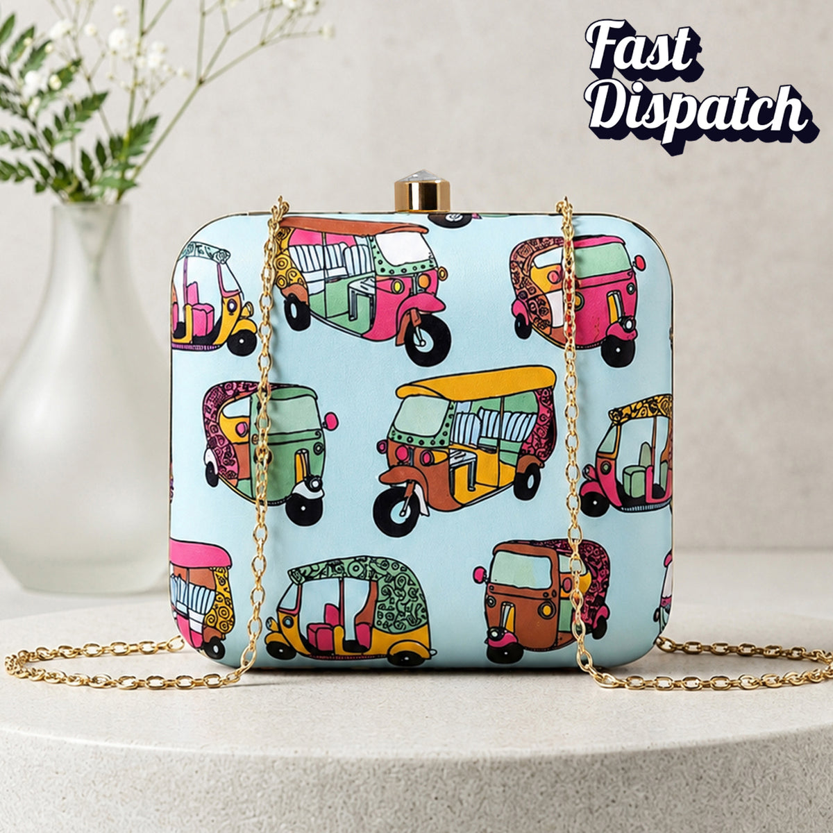 Artklim Blue Auto Rickshaw Printed Women Clutch