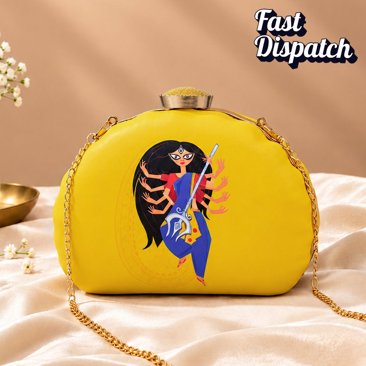 Artklim Traditional Goddess Durga Yellow Chain Printed Clutch