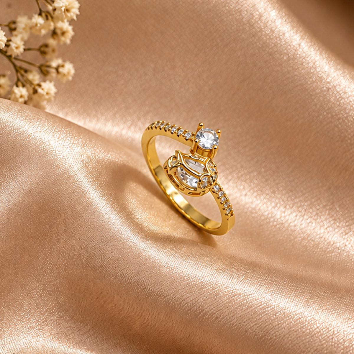 Artklim Elegant Heart Solitaire Crystal Gold-Tone Statement Anti-Tarnish Ring