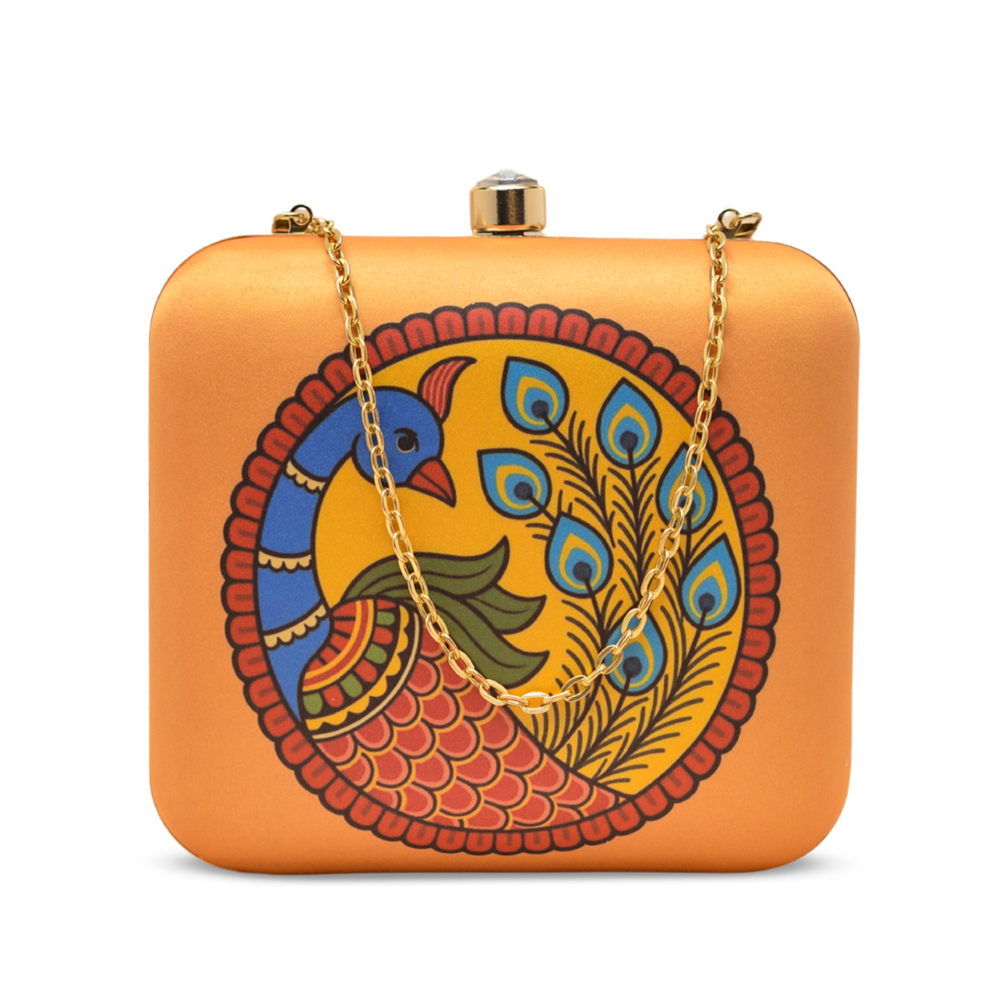 Artklim Orange with Madhubani Peacock Printed Clutch