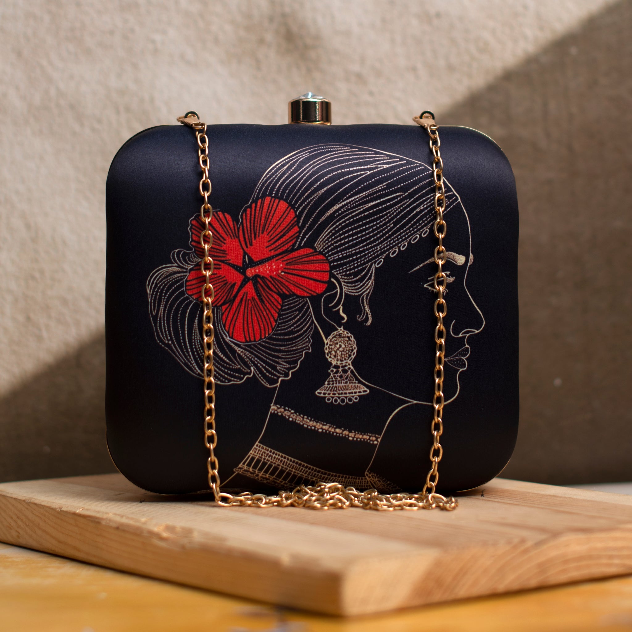 Black Floral Woman Printed Clutch