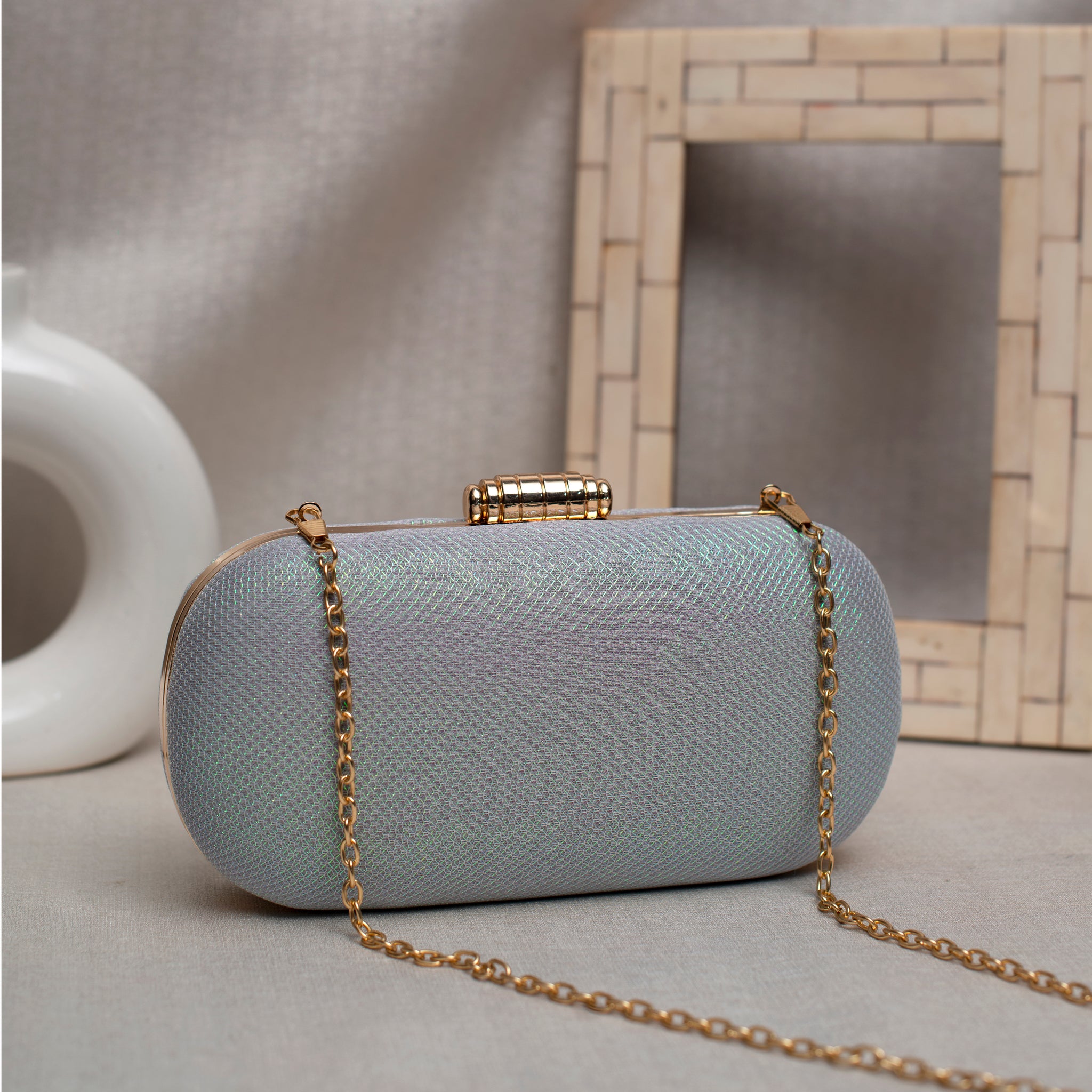 Grey Shimmery Fabric Clutch