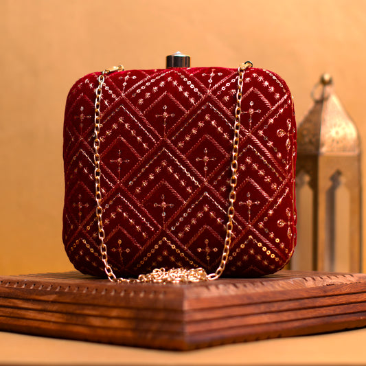 Golden Sequins Pattern Red Embroidery Clutch