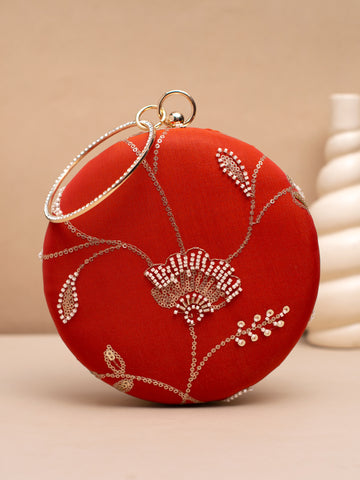 Artklim Round Scarlet Clutch with Golden Embroidery