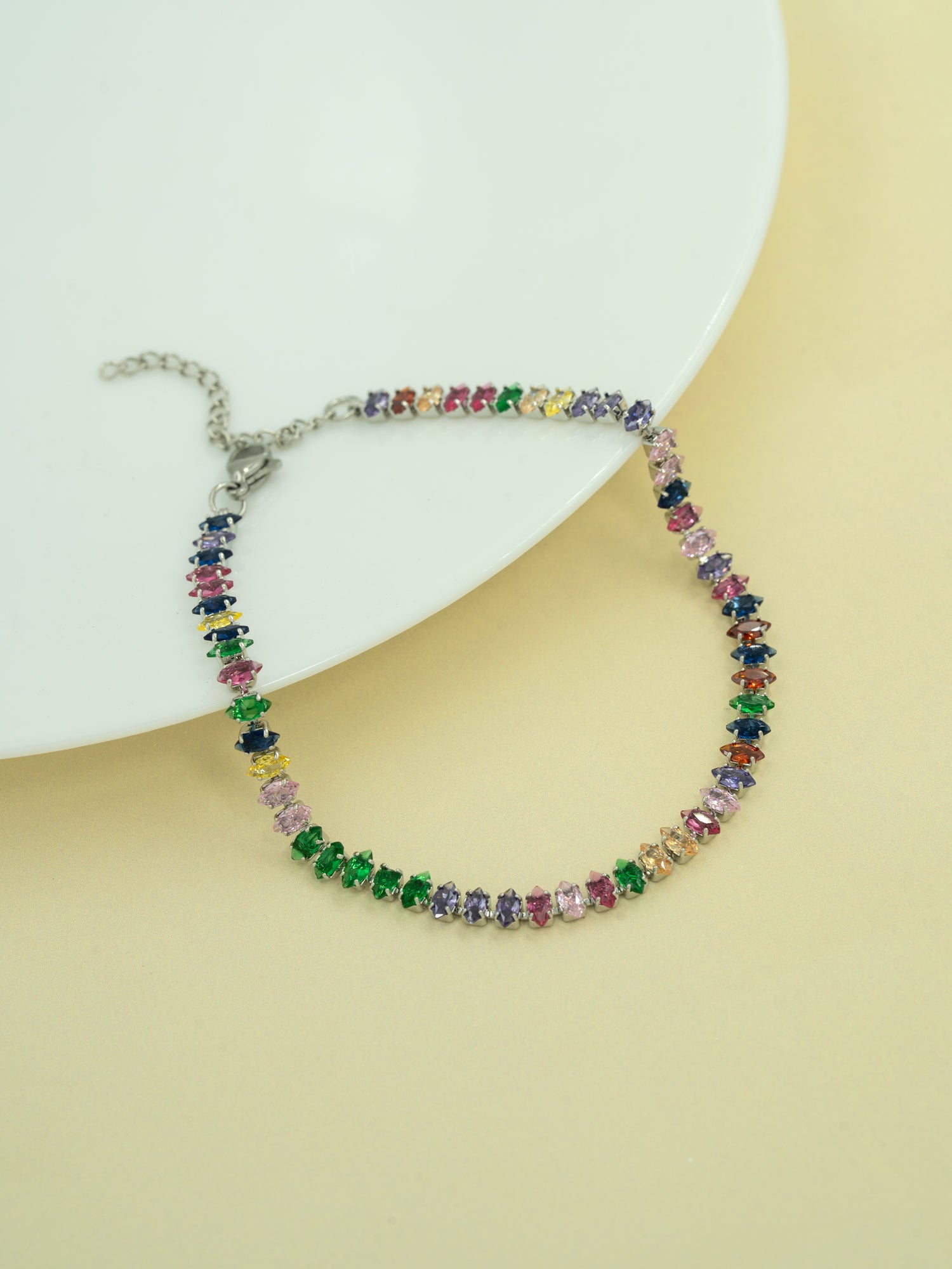 Artklim Silver-Toned Rainbow Crystal Anti Tarnish Anklet