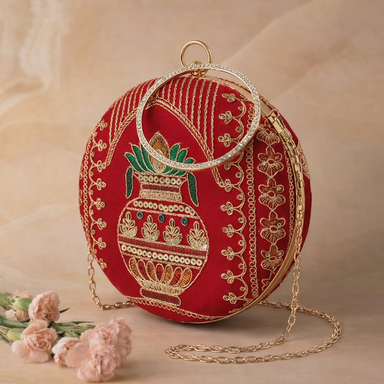 Artklim Royal Red Round Embroidered Clutch