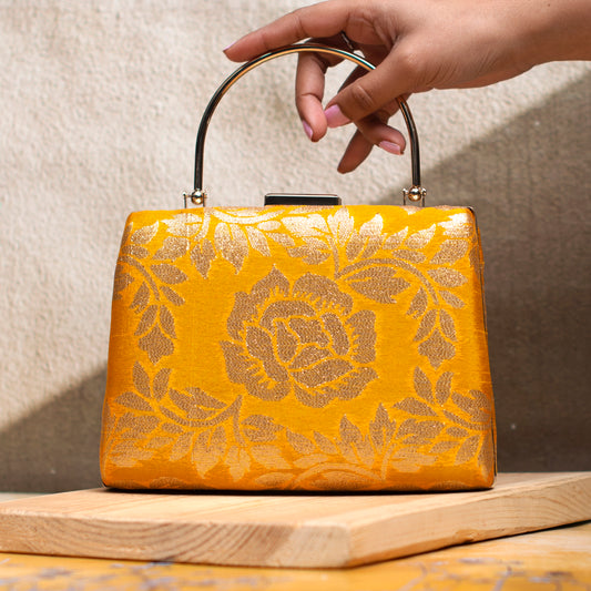 Yellow And Golden Brocade Fabric Clutch