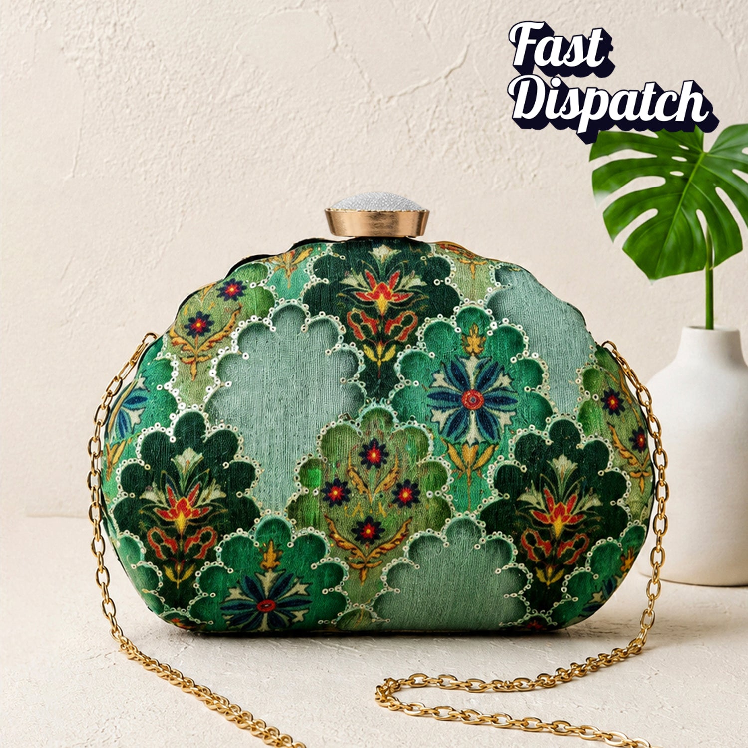 Artklim Elegant Green Floral Ethnic Embroidered Clutch