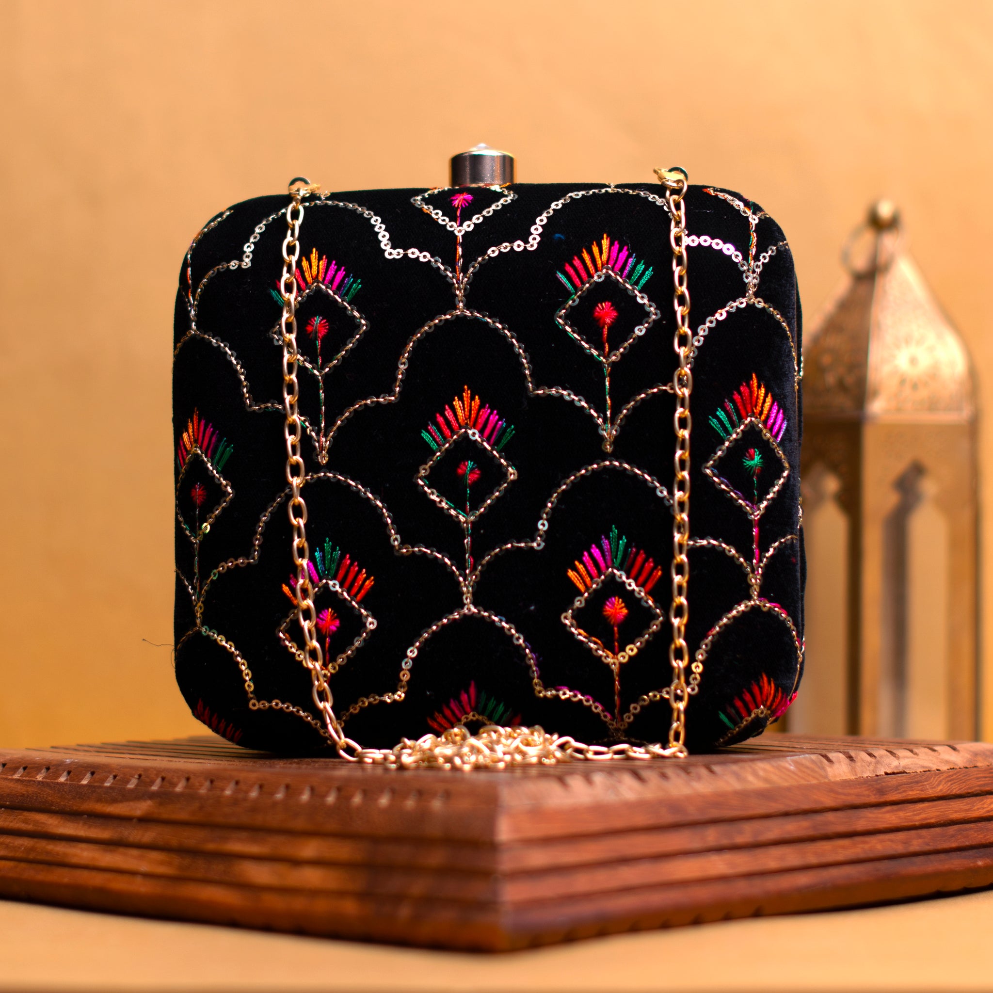 Black Multicolour Sequins Embroidery Clutch