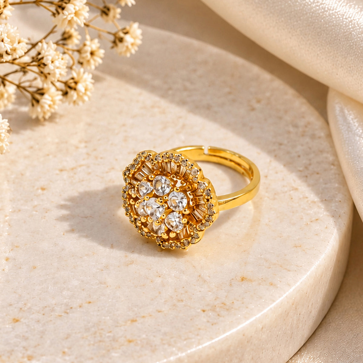 Artklim Floral Sparkle Gold-Tone Crystal Statement Anti-Tarnish Ring