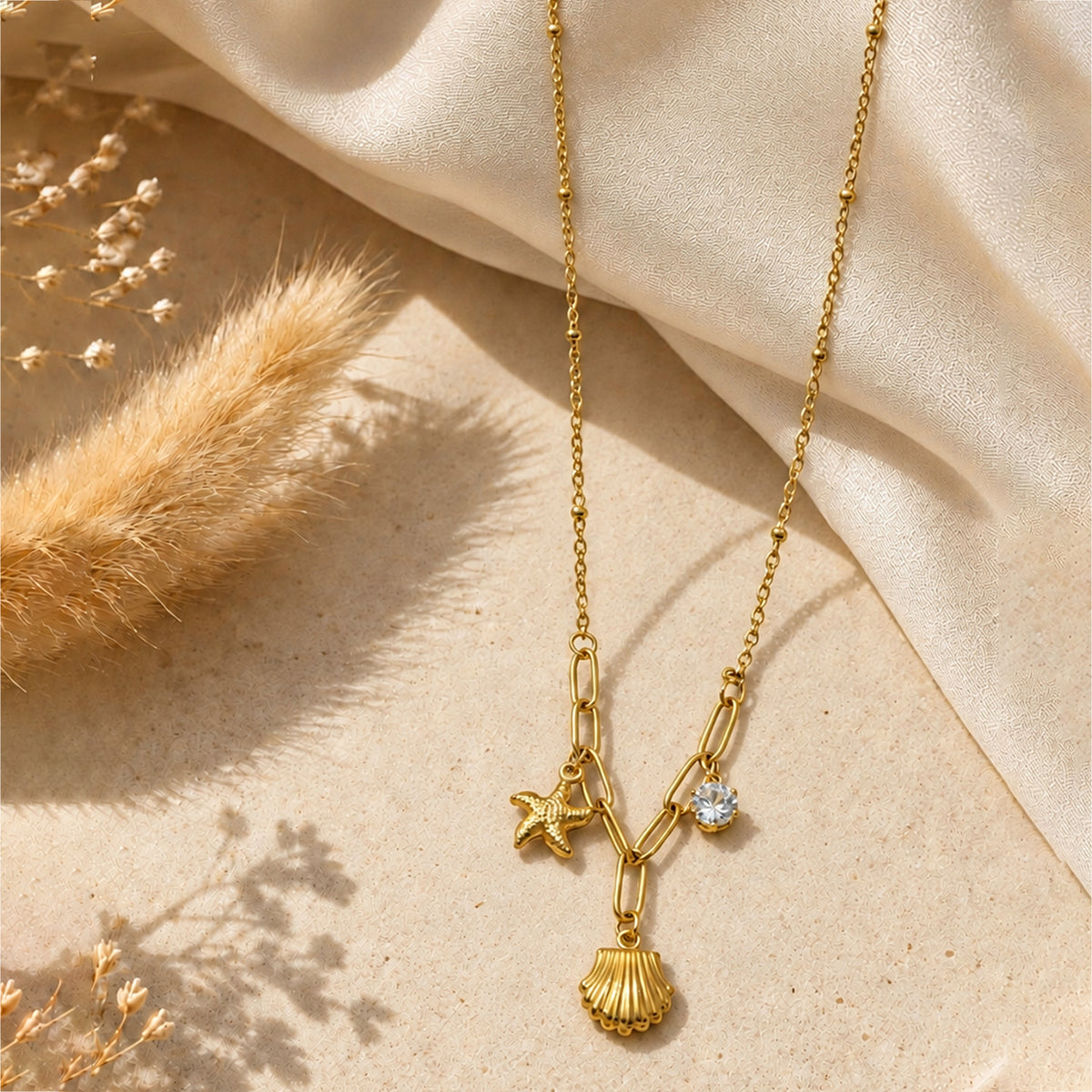 Artklim Golden Seashell Starfish Charm Layered Anti-Tarnish Pendant Necklace