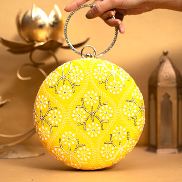 Yellow Embroidery Round Clutch