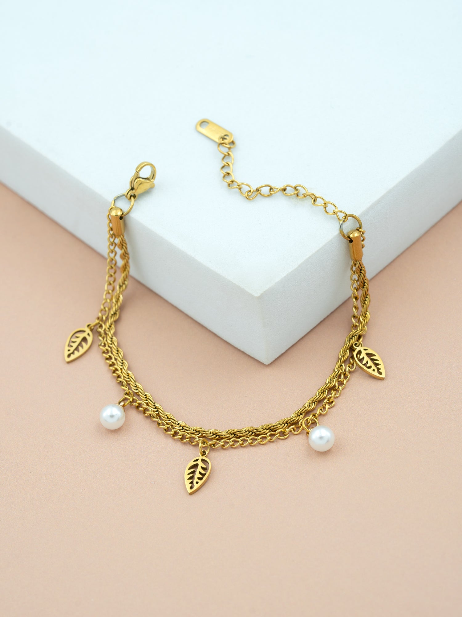 Artklim Gold Plated Anti Tarnish Golden Leaf & Pearl Charm Bracelet