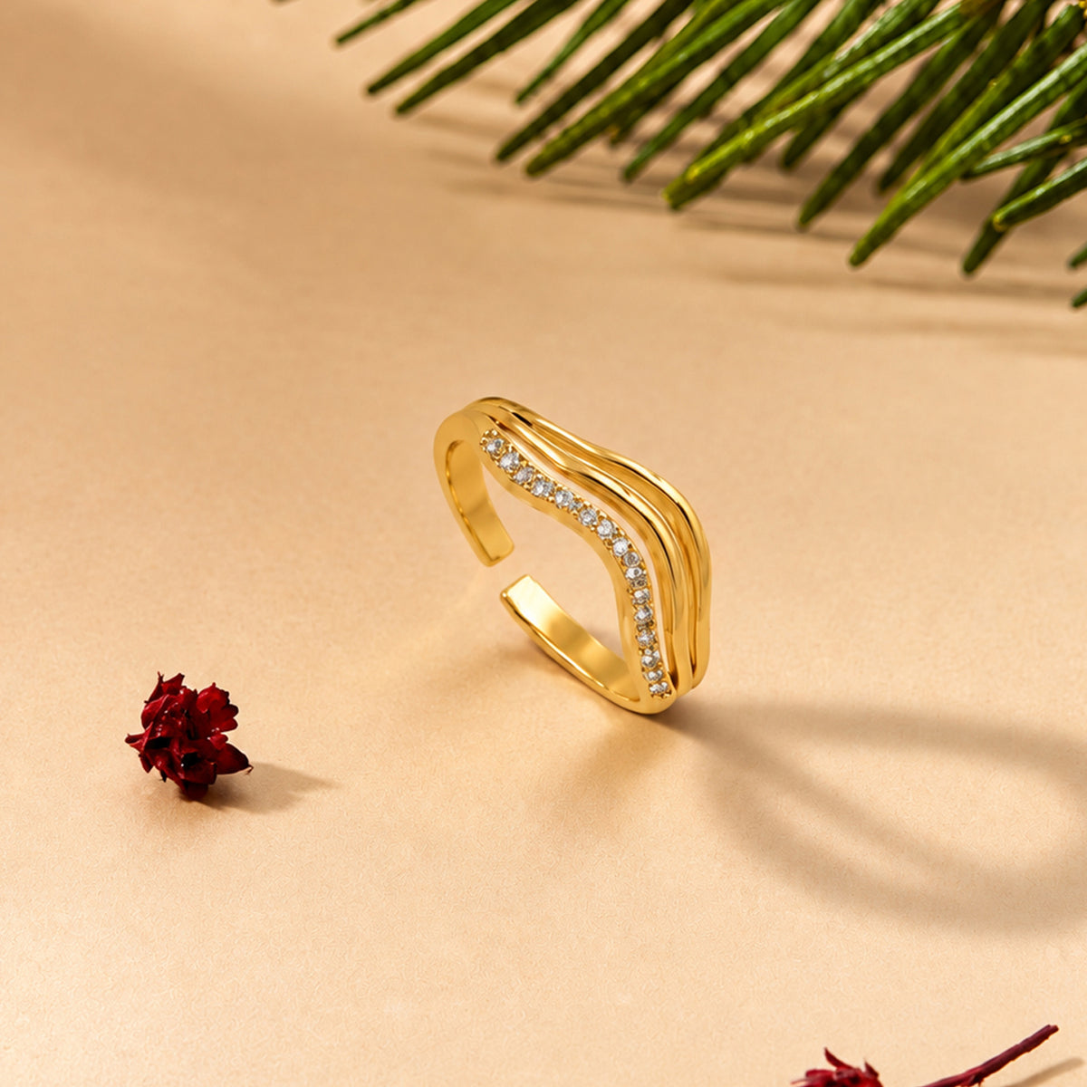 Artklim Modern Layered Wave Crystal Gold-Tone Anti-Tarnish Ring