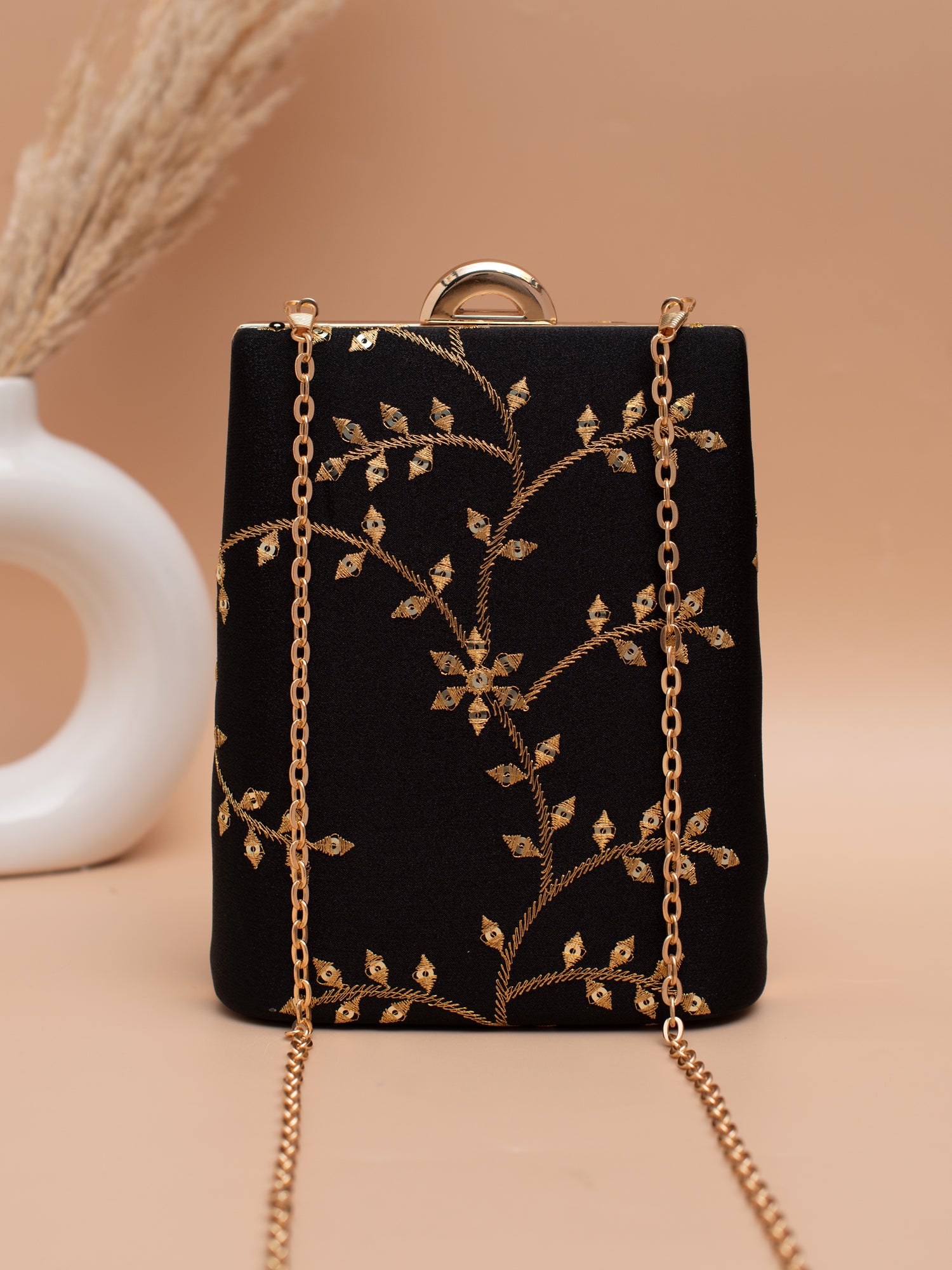 Artklim Black Clutch with Golden Vine