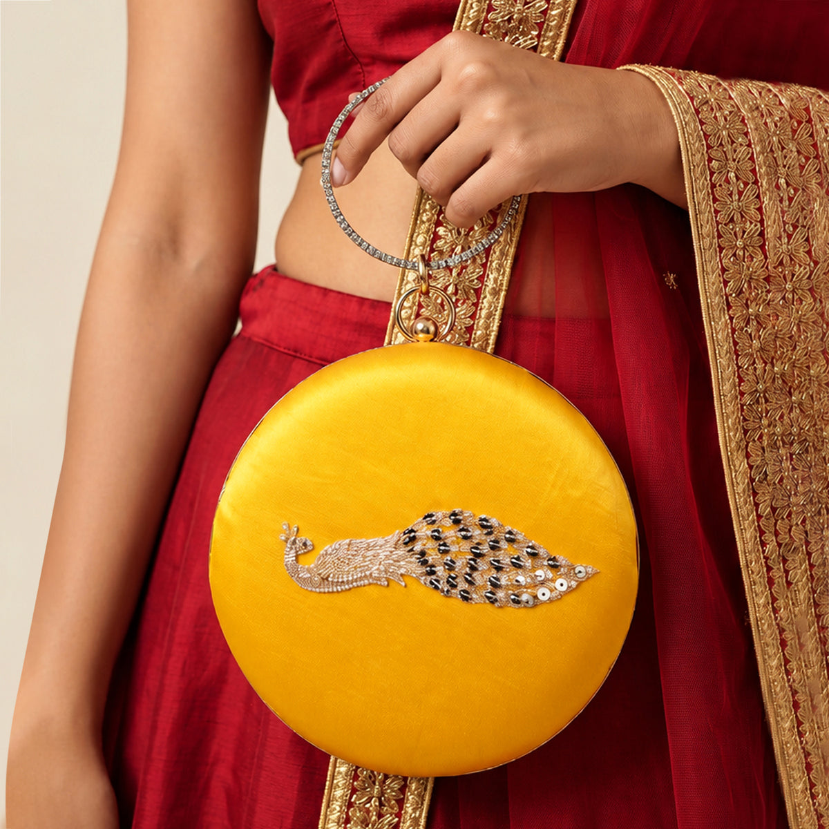 Artklim Elegant Intricate Peacock Embroidery Round Clutch Bag with Golden Crystal Ring Handle