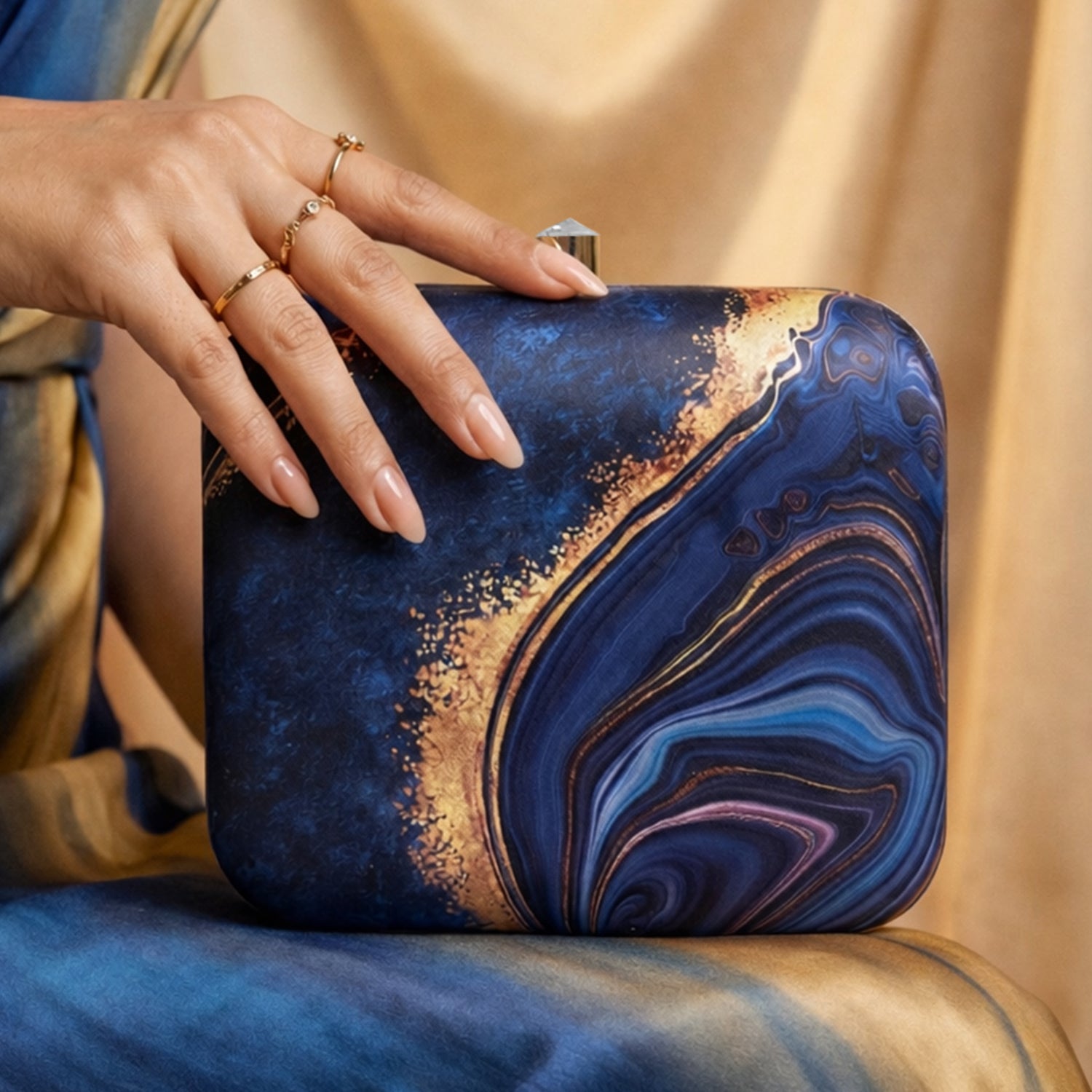 Artklim Blue Gold Printed Clutch