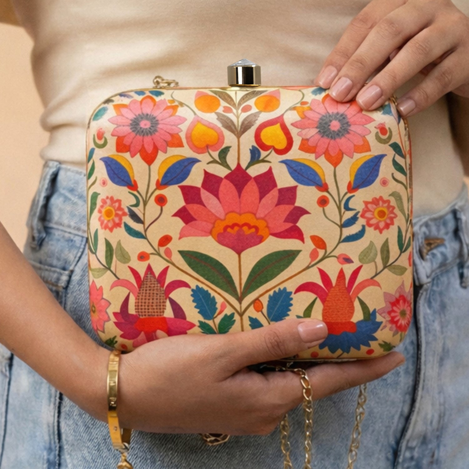 Beige Based Floral Printed Clutch