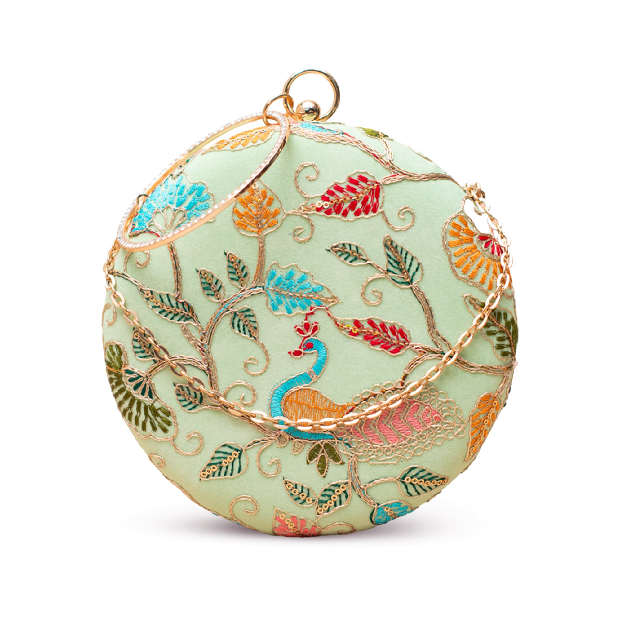 Artklim Mint Green Peacock Embroidered Clutch