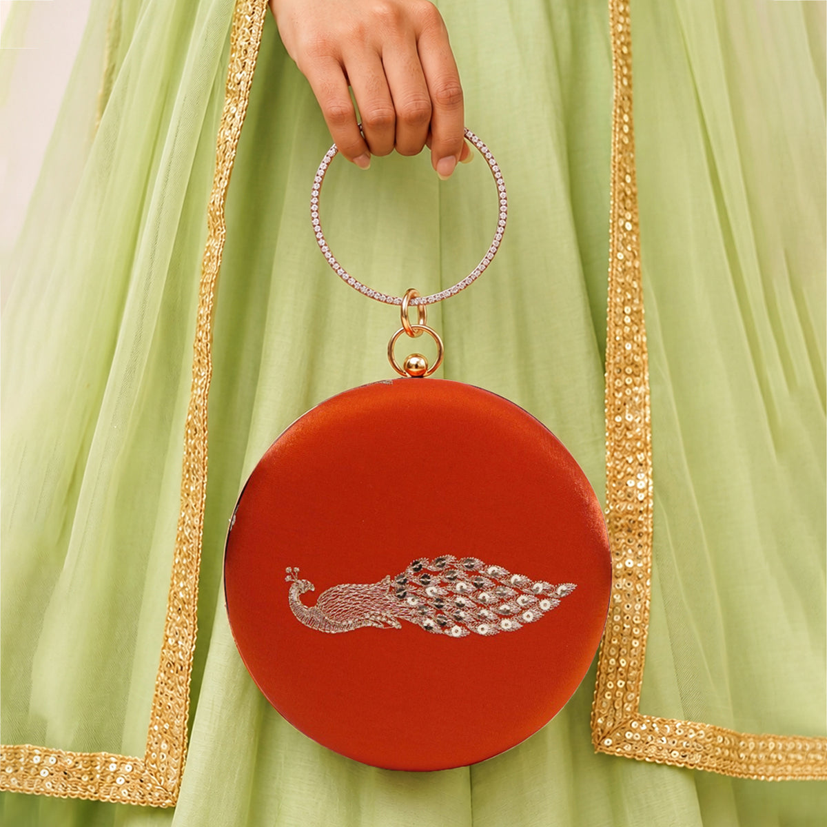 Artklim Elegant Rust Orange Embroidery Round Clutch Bag with Intricate Peacock Design