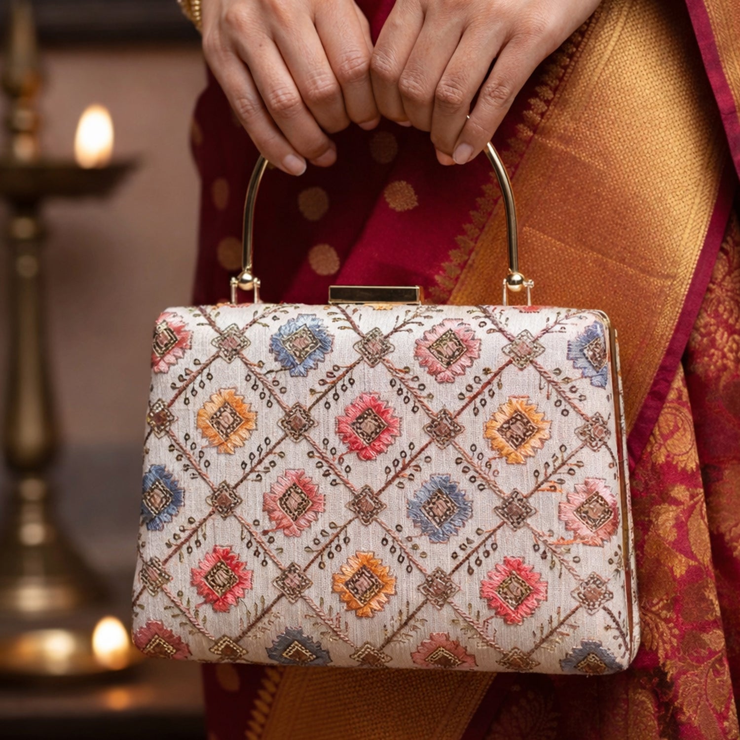 White Sequins Multicolor Embroidery Clutch