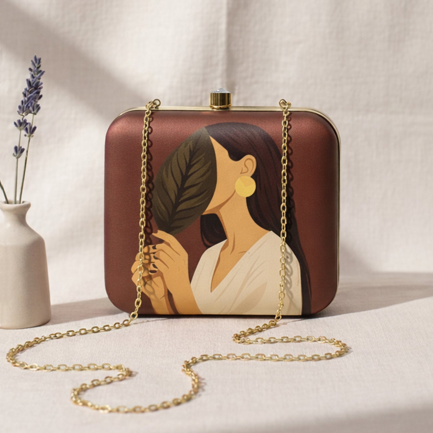 Artklim Dark Brown Based Asthetic Girl Portrait Printed Clutch