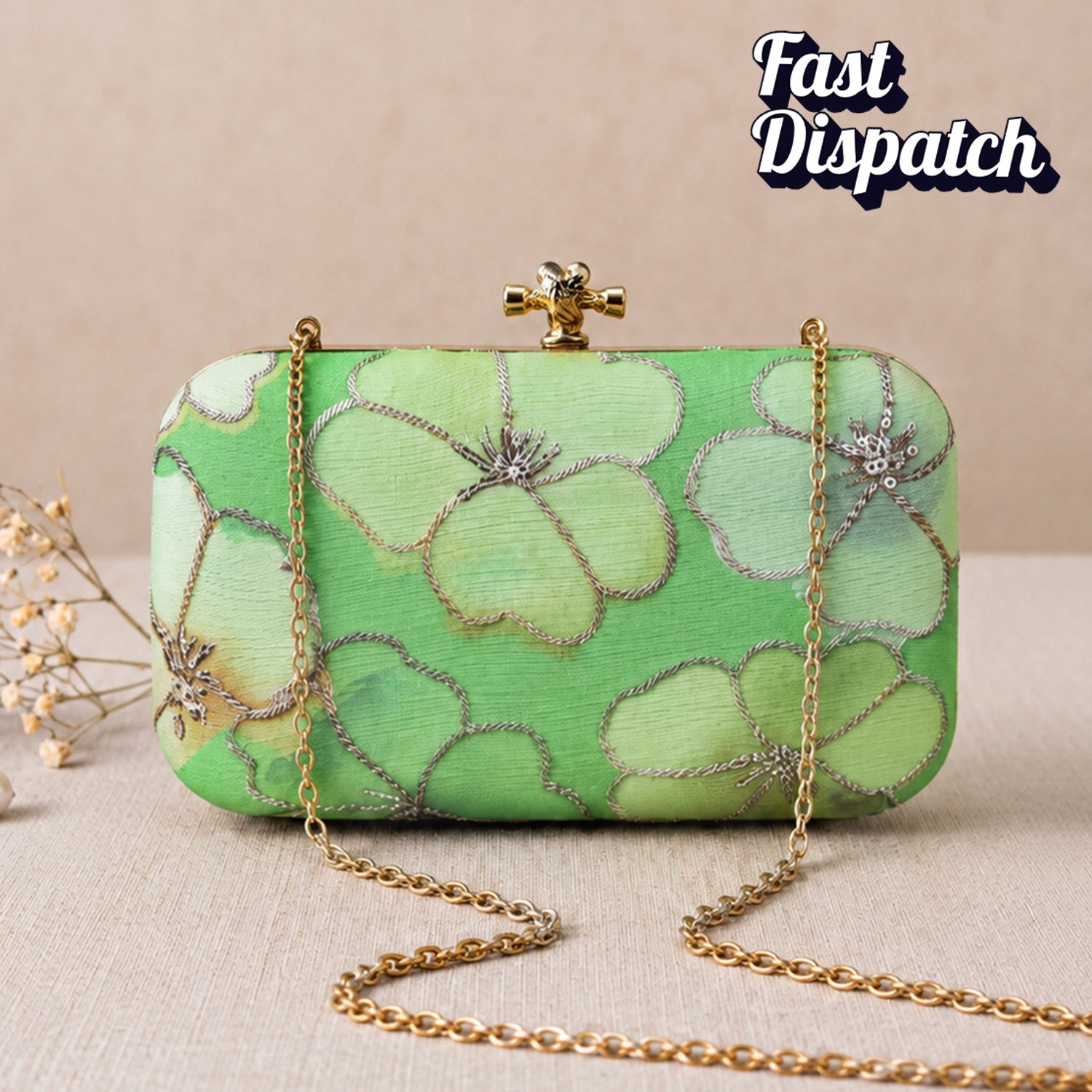 Artklim Luxury Green Floral Evening Clutch