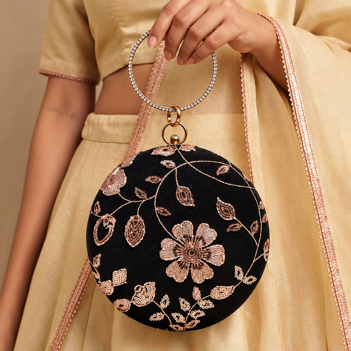 Artklim Luxury Black Floral Embroidered Round Clutch Bag with Golden Crystal Ring Handle