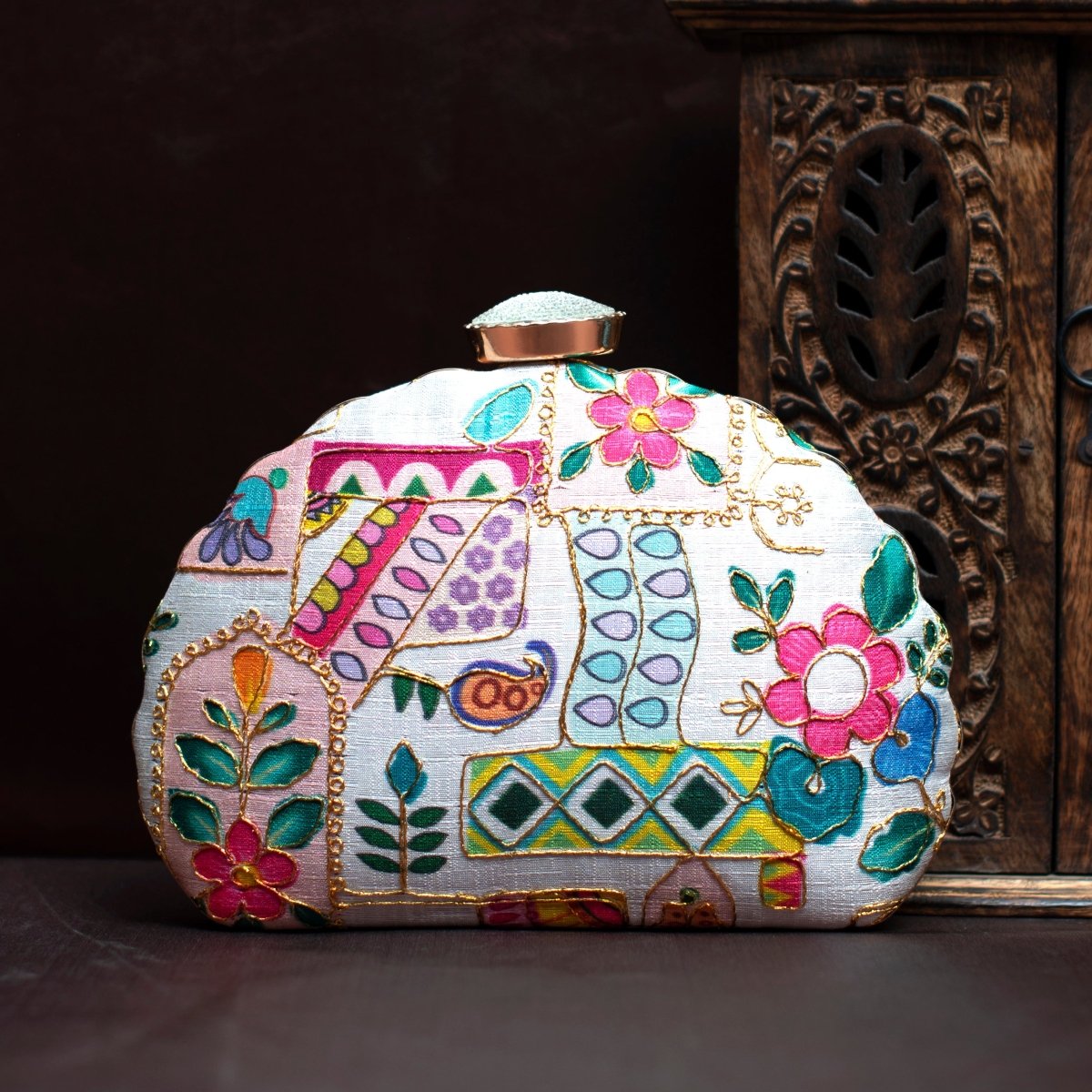 White Multipattern Embroidery Moon Shaped Clutch