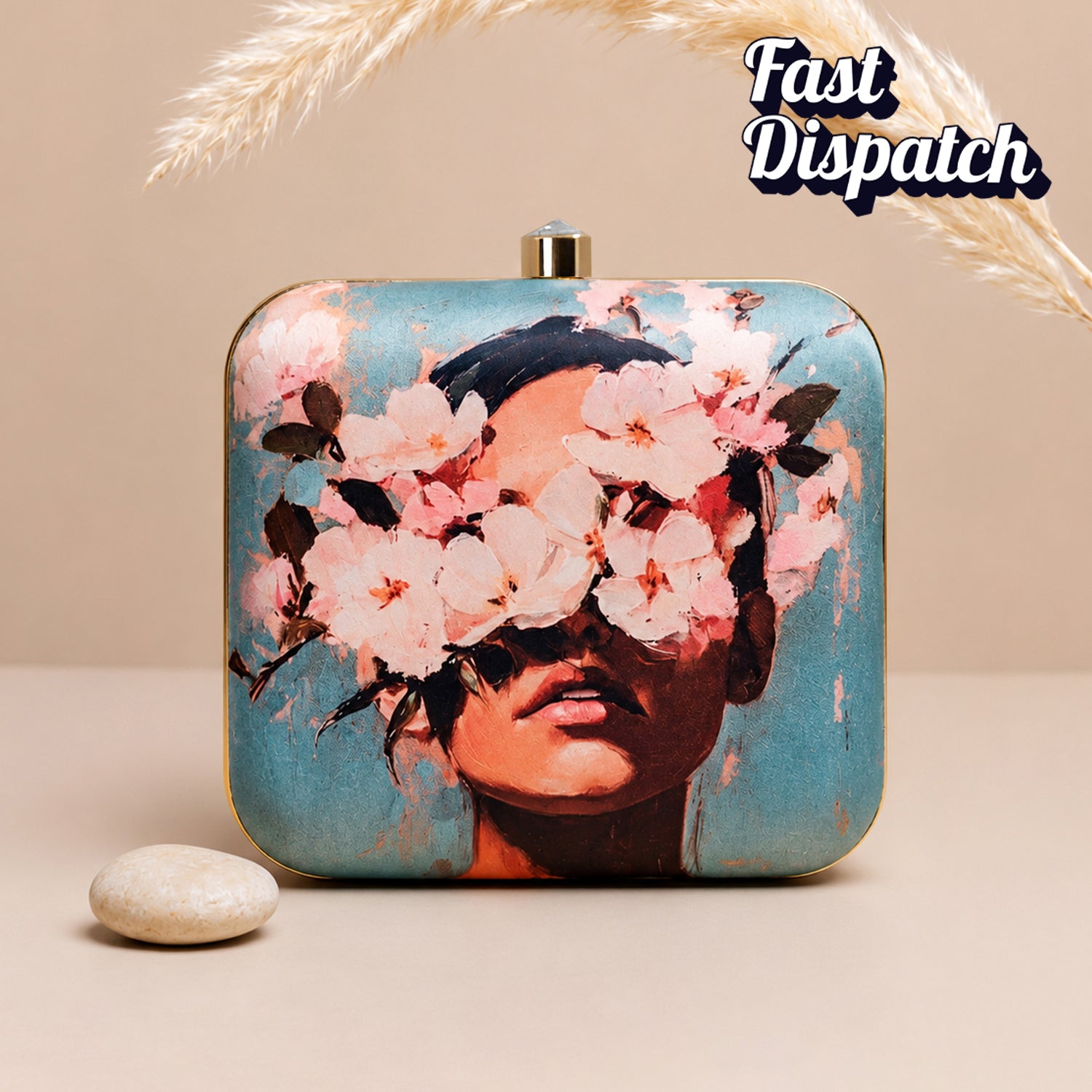 Artklim Elegant Floral Portrait Blue Printed Clutch